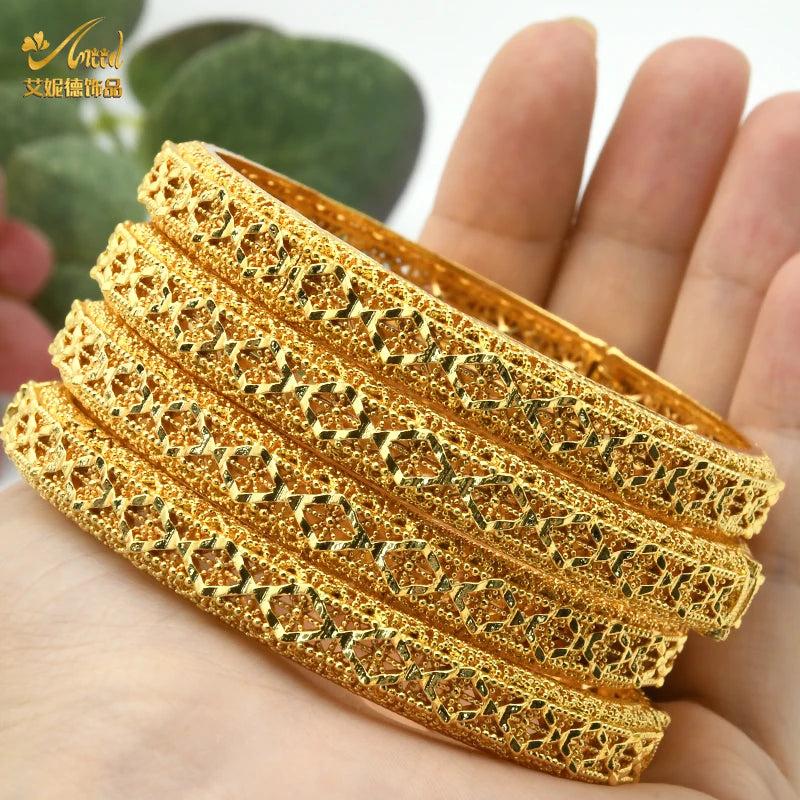 4Pcs/Set Dubai Plated Bangle Bracelet For Women African Wedding Bride Jewelry