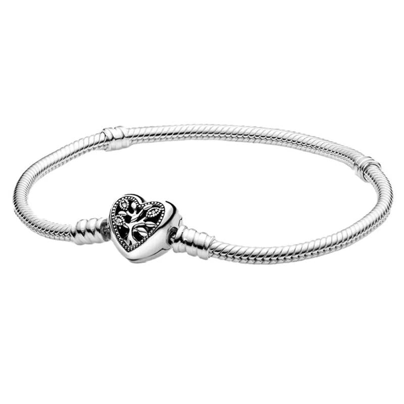 925 Sterling Silver Family Tree Heart Clasp Snake Chain Bracelet