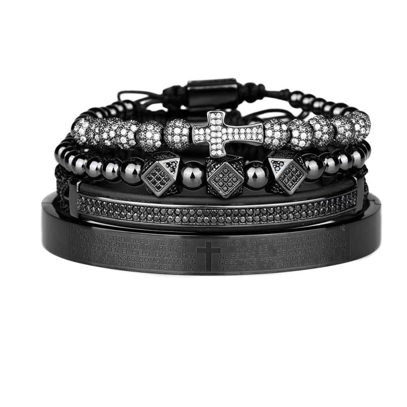 Men Steel Carving Spanish Scripture Bangle Zircon Cross Bracelet