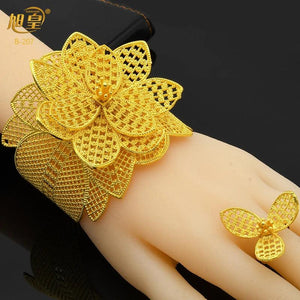 Dubai Flower Plated Bangles With Ring Indian Arabic Jewelry