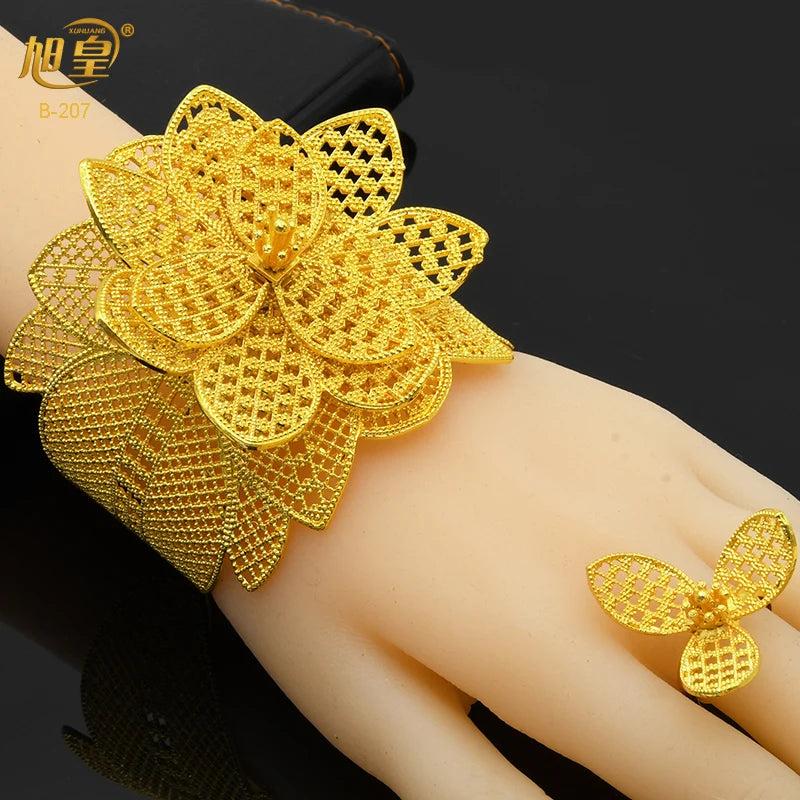 Dubai Flower Plated Bangles With Ring Indian Arabic Jewelry