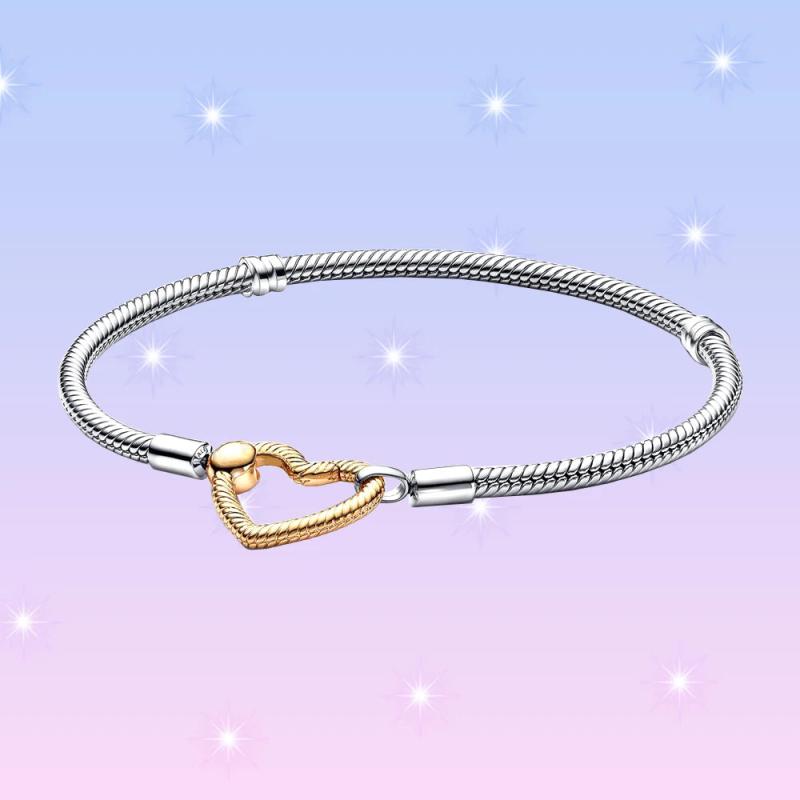 925 Silver Snake Chain Bracelet w/ Heart Lock for Charm Jewelry