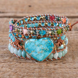 Premium Heart Leather Wrap Bracelet w/ Mix Stone Jaspers Beads