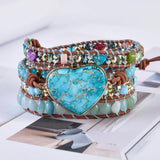 Premium Heart Leather Wrap Bracelet w/ Mix Stone Jaspers Beads