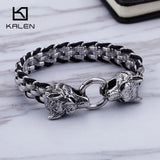 Punk Animal Wolf Charm Bracelet Men Stainless Steel Leather Wristband
