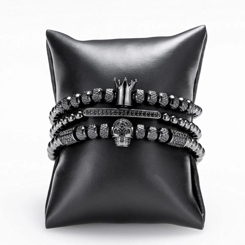 Royal Crown CZ Skull Charm Bracelet Men Stainless Steel Bangle