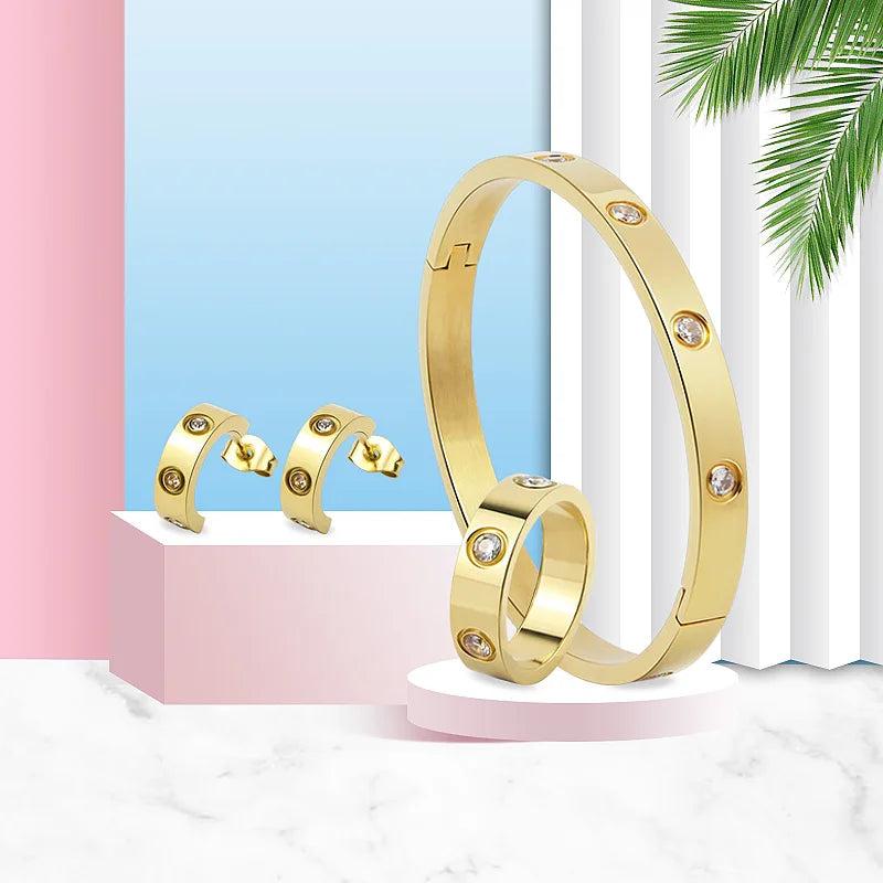 Crystal Bracelet Ring Earring Set Women Gift Love Bangle Jewelry