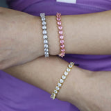Hip Hop Iced Out Pink CZ Heart Tennis Chain Bracelet Bangle Bling Party Jewelry