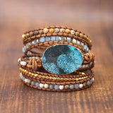 Boho 5X Leather Wrap Beaded Bracelet Huge OceanStone Bracelet