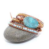 Boho 5X Leather Wrap Beaded Bracelet Huge OceanStone Bracelet