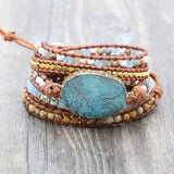Boho 5X Leather Wrap Beaded Bracelet Huge OceanStone Bracelet
