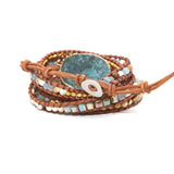 Boho 5X Leather Wrap Beaded Bracelet Huge OceanStone Bracelet