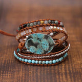 Boho 5X Leather Wrap Beaded Bracelet Huge OceanStone Bracelet