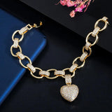 CWWZircons Love Heart Charm CZ Cuban Link Chain Bracelet for Women