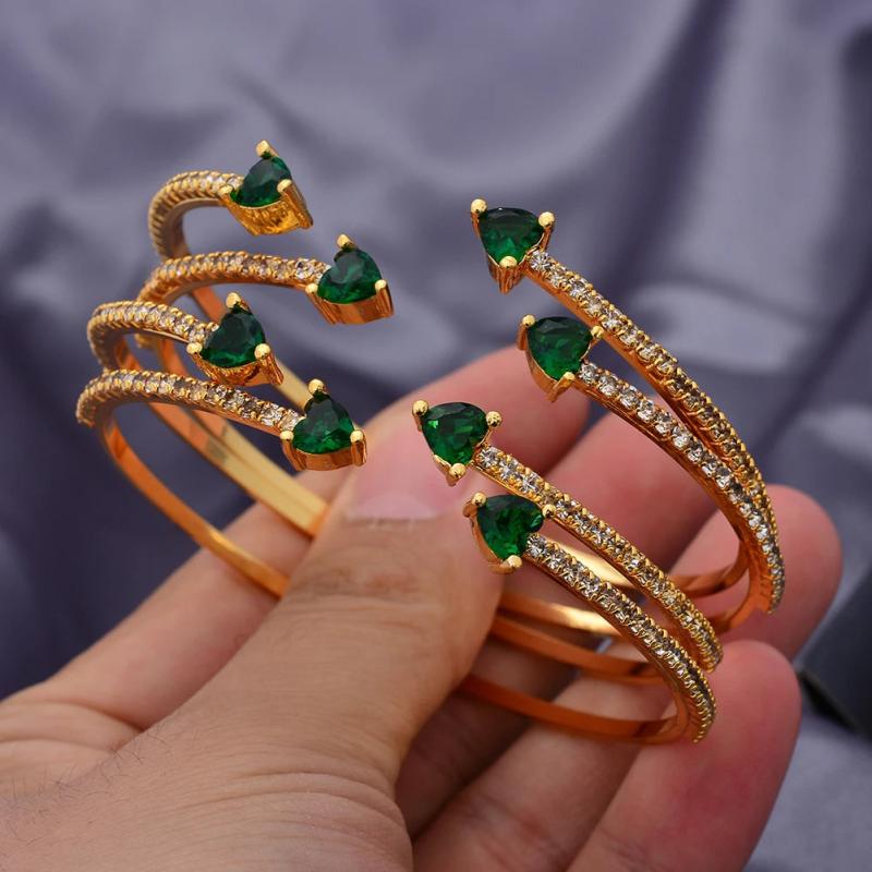 24K Dubai Bangles Green Stone Wedding Jewelry
