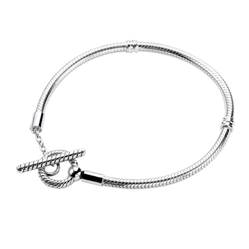 925 Silver T-Bar Snake Chain Bracelet Europe Charm Bangle Jewelry