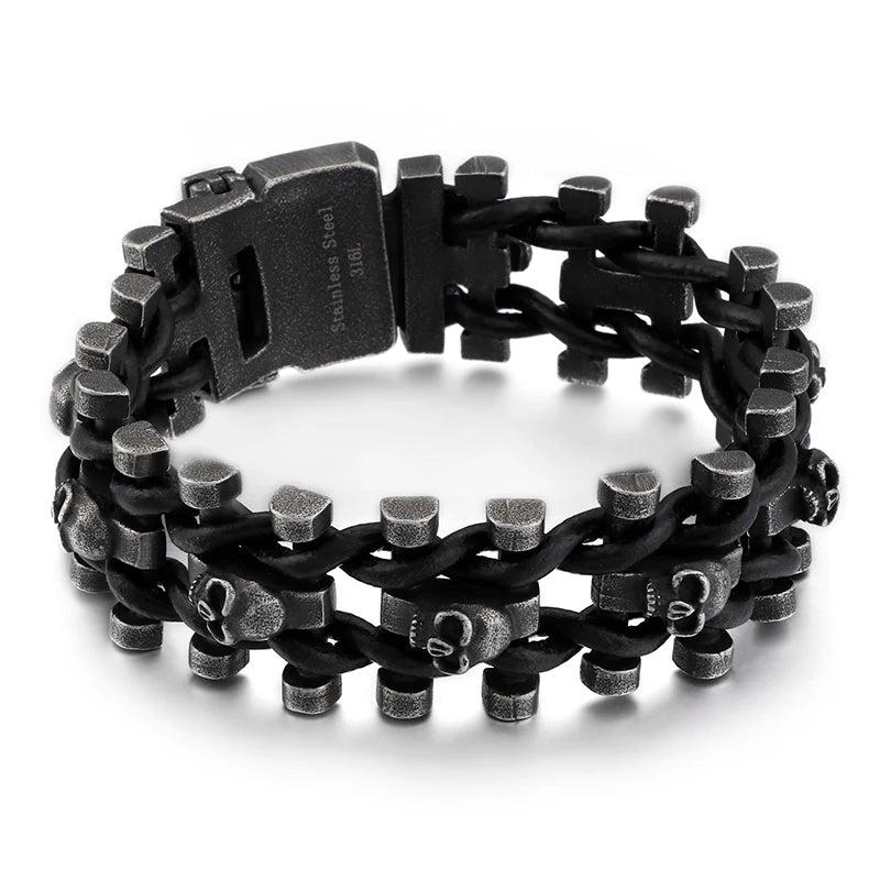 Punk Stainless Steel Chain Skeleton Leather Bracelet