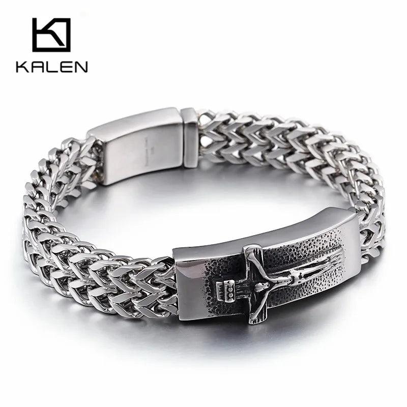 Christian Jesus Cross Charm Bracelet Stainless Steel Mesh Chain Link Armband