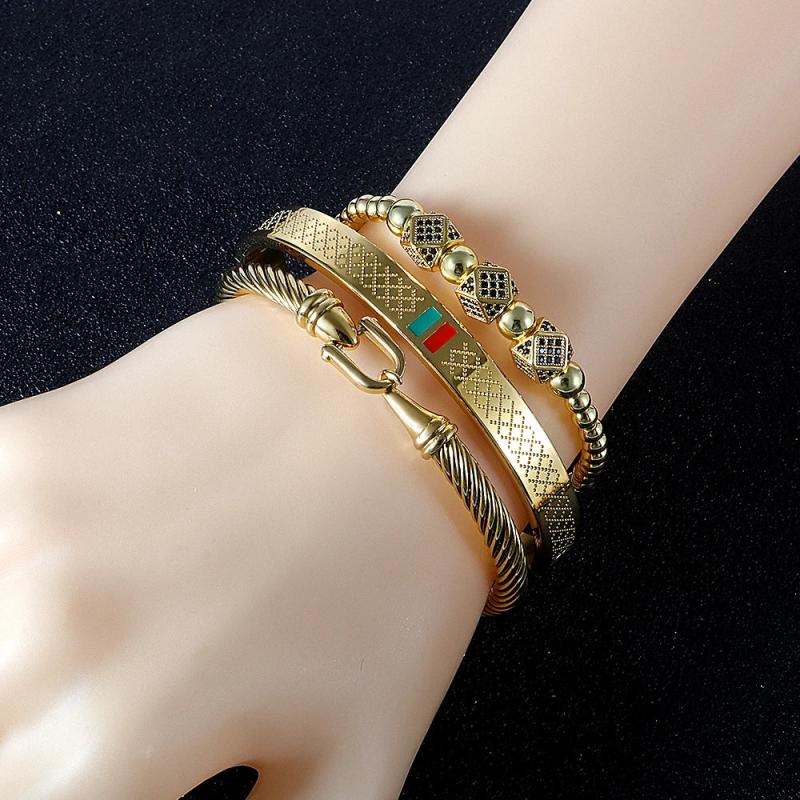 Red Green Zirconia Bangles Bracelets Set Stainless Steel Jewelry