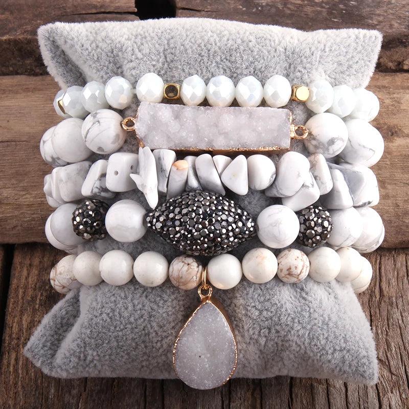 RH Red Beaded Natural Stone Druzy Drop Charms 5pc Bracelets Sets For Women