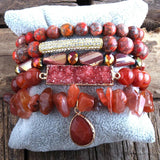 RH Red Beaded Natural Stone Druzy Drop Charms 5pc Bracelets Sets For Women