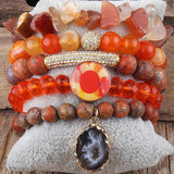 RH Red Beaded Natural Stone Druzy Drop Charms 5pc Bracelets Sets For Women