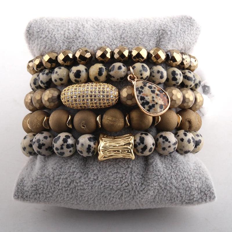 Magnetic Dalmatian Bracelet Set Natural Druzy Stone CZ Ball Bracelets