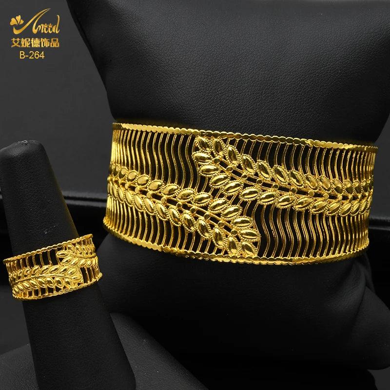 Dubai 24K Plated Bangles With Ring Nigerian Wedding Bridal Charm Bracelets