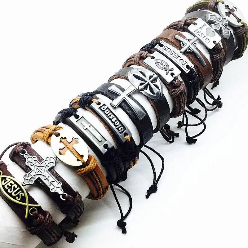10pcs Men's Leather Bracelet with Jesus Christ Metal Cross, Real Cuff Bangle