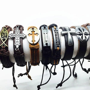 10pcs Men's Leather Bracelet with Jesus Christ Metal Cross, Real Cuff Bangle