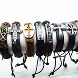 10pcs Men's Leather Bracelet with Jesus Christ Metal Cross, Real Cuff Bangle
