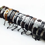 10pcs Men's Leather Bracelet with Jesus Christ Metal Cross, Real Cuff Bangle