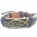 10pcs Men's Leather Bracelet with Jesus Christ Metal Cross, Real Cuff Bangle