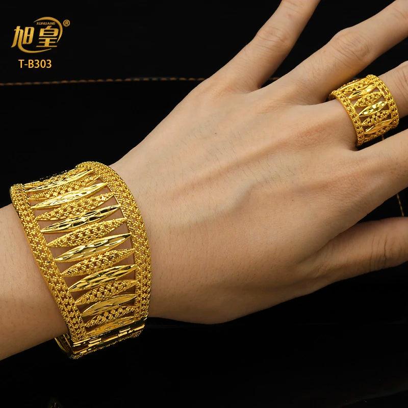 Dubai 24K Plated Hollow Bangle & Ring Women Charm Copper Bracelets