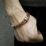 Men's Leather Bracelet Stainless Steel Box Chain Link