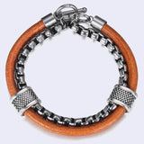 Men's Leather Bracelet Stainless Steel Box Chain Link