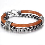 Men's Leather Bracelet Stainless Steel Box Chain Link