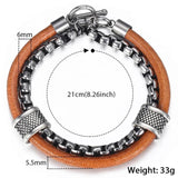 Men's Leather Bracelet Stainless Steel Box Chain Link