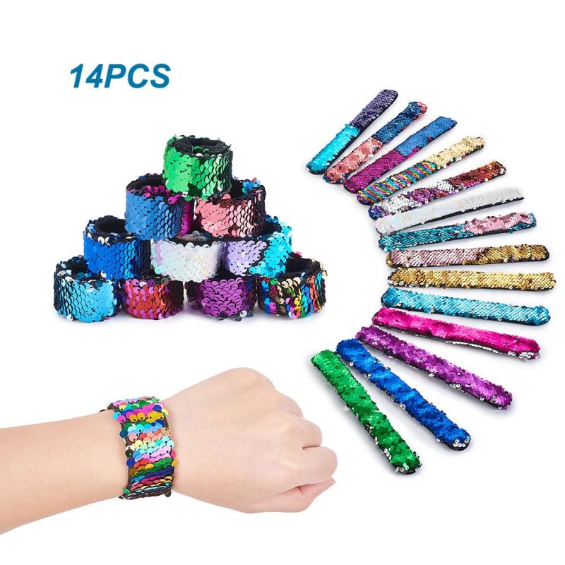 14pcs Reversible Sequin Slap Bracelets for Kids & Adults Party Favors