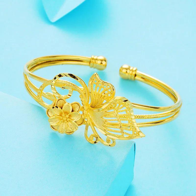 Flower Shape Cuff Bangle Bracelet 24K Open Jewelry