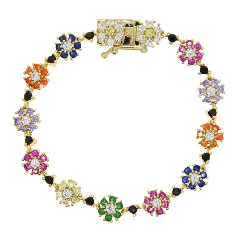 Geometric Rainbow Cz Flower Charm Bracelet for Girls