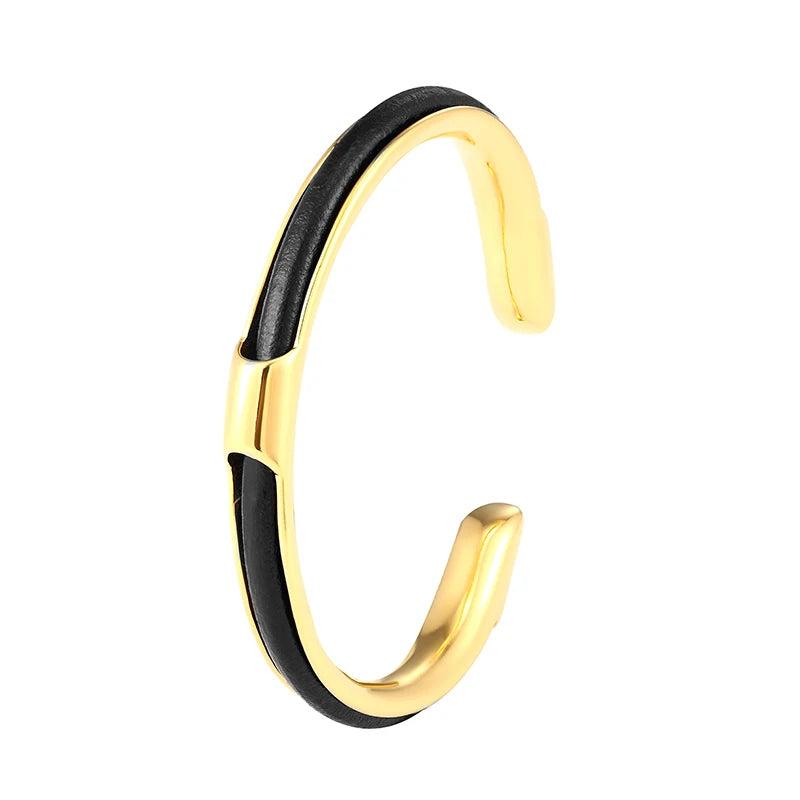Stainless Steel Cuban Cuff Bangle Leather Bracelet