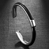 Stainless Steel Cuban Cuff Bangle Leather Bracelet