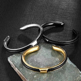 Stainless Steel Cuban Cuff Bangle Leather Bracelet