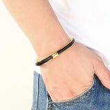 Stainless Steel Cuban Cuff Bangle Leather Bracelet