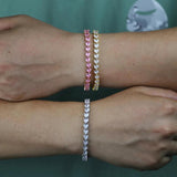 Pink CZ Heart Tennis Chain Bracelet Bangle Hip Hop Jewelry