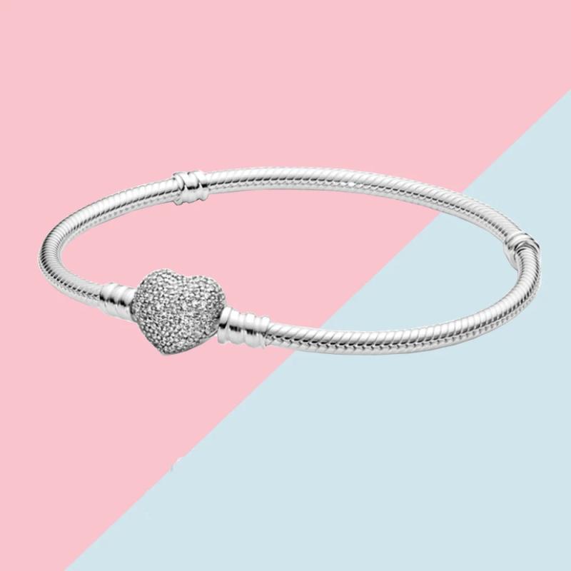 925 Silver Sparkling Heart Clasp Snake Chain Bracelet for Women
