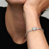 925 Silver Sparkling Heart Clasp Snake Chain Bracelet for Women