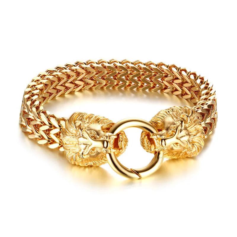 Double Lion Head Chain Bracelet Men Stainless Steel Hip Hop Punk Jewelry