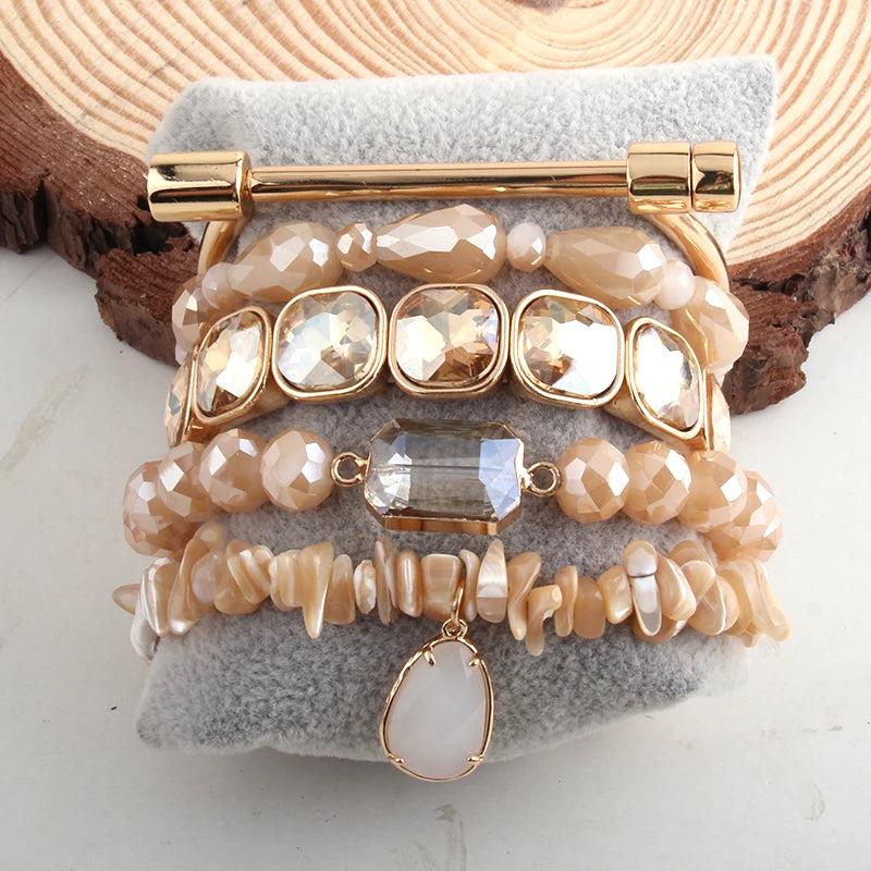 5pc Natural Stone Metal Cuff Beaded Bracelet Set for Jewelry